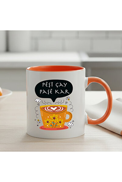 ZERYA Kurdish Peshi Tea Pashé Kar Orange-Colored Mug with Cup Design - Peshi Tea Pashé Kar Cup
