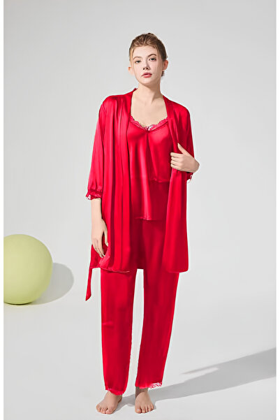Inovius Γυναικείο σετ πιτζάμας 3 τεμαχίων από σατέν, κόκκινο-ANI160 Μέγεθος M