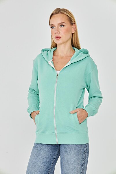 TRENDHİLL Women's Full Zip Hooded Cotton Tracksuit Top Mint 9508-m