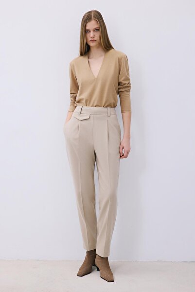 rue Pleated Wool Textured High Waist Beige Trousers