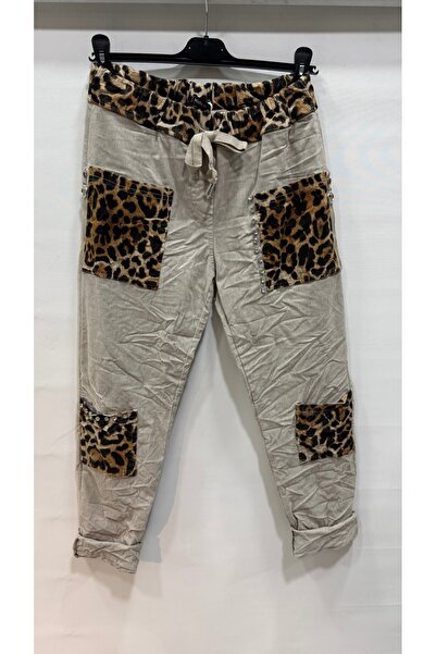della moor Women's Beige Italian Velvet Pockets Leopard Pattern Stone L Stretch Fabric Trousers