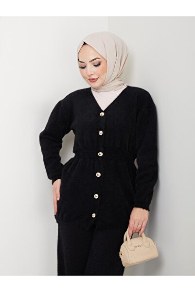 nacar çarşı Women's Gathered Waist Angora Buttoned Knit Cardigan