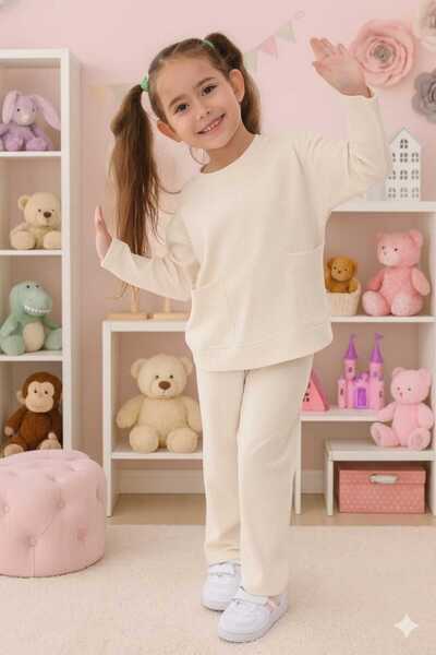 Little Miny Kids Corded Fabric 100% Cotton Cream Color Girl's Pajama Set with Pockets