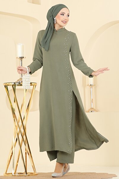 ModaMerve Taş Detaylı Yırtmaçlı Takım PL9175-MS Çağla