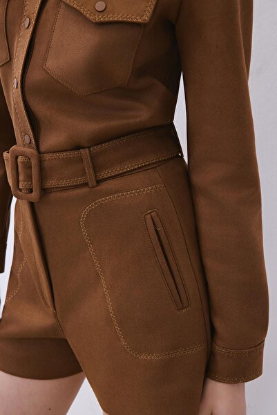 rue Belted Contrast Stitching Pack Suede Brown Shorts