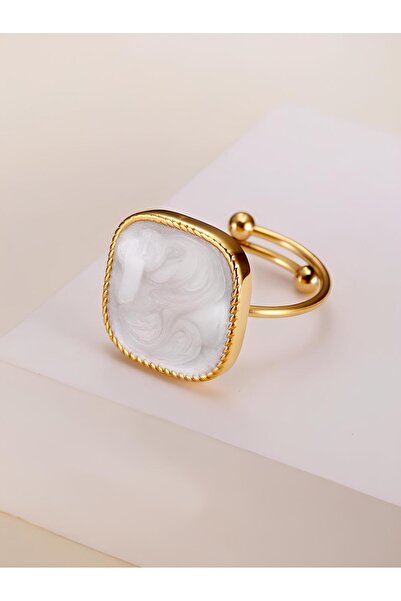 Inovius Inel Ajustabil cu Piatra Alb Perlat, Auriu - 09968