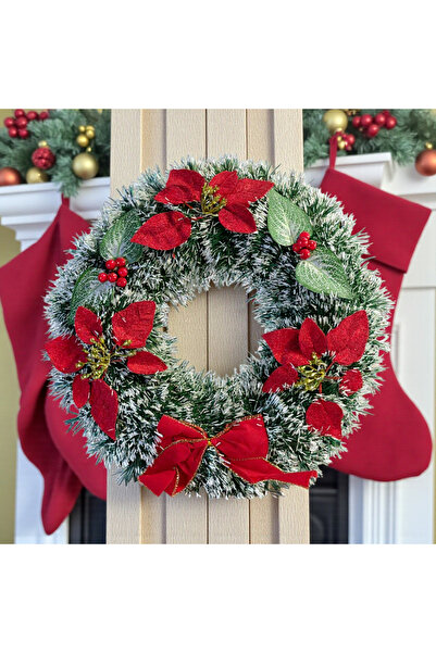 Sofia Store Coroniță Crăciun Artificială cu Flori Roșii și Fundă Decorativă