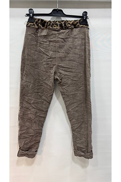 della moor Women's Mink Italian Velvet Pockets Leopard Patterned Stone L Stretch Fabric Trousers