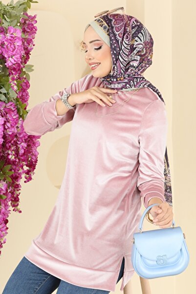 ModaMerve Sırttan Düğmeli Kadife Tunik ASM2833-MS Pudra