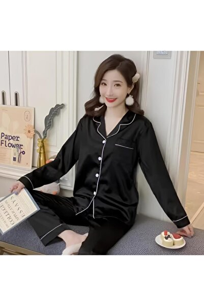 Inovius Γυναικείο σετ πιτζάμας 2 τεμαχίων από σατέν, μαύρο-MEI82 Μέγεθος 3XL