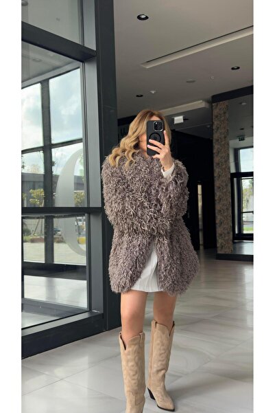 FEMİAS Beige Gray Wide Collar Long Fur Coat