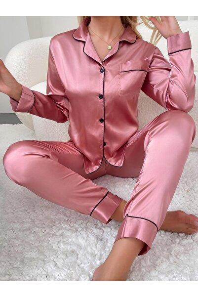 Inovius Set Pijama de Dama 2 Piese din Satin, Roz Pudra-MEI81 Marimea 3XL