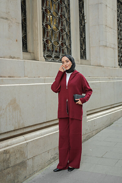 LOCCO Women's Self-Patterned Knitwear Set Burgundy