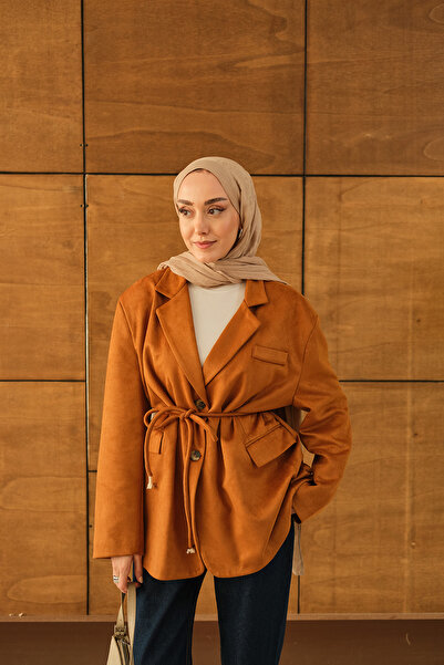 LOCCO Γυναικείο μπλέιζερ με κορδόνι στη μέση, σουέτ μπουφάν καφέ