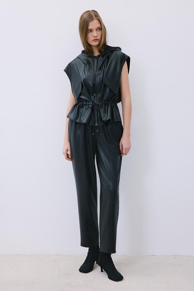 rue Hooded Faux Leather Black Vest