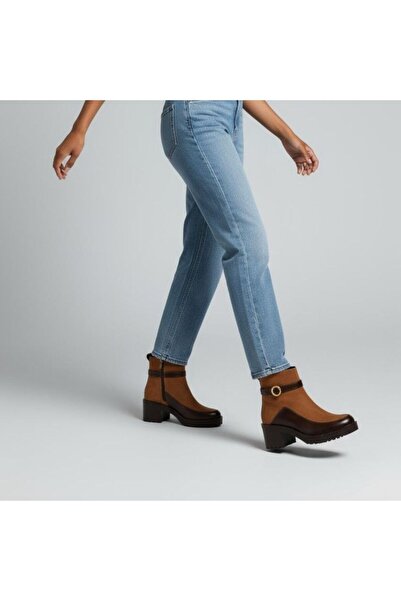 NE&VE SHOES Γυναικείες μπότες με χοντρό τακούνι Taba Nubuck Brown συνδυασμός υφασμάτων με λουράκι στον αστράγαλο