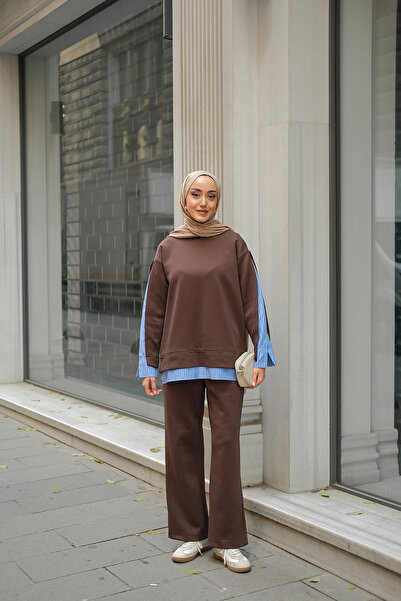 LOCCO Γυναικείο πουκάμισο Λεπτομέρεια Διπλό Σετ Καφέ