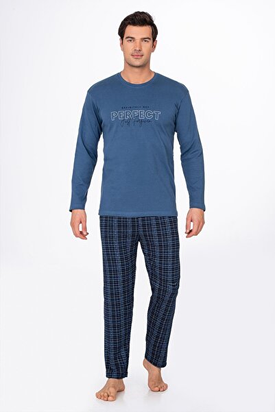 Kompedan Erkek İnterlok Penye Bisiklet Yaka Pijama Takımı | İndigo 020