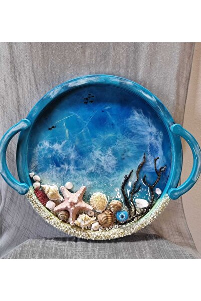 EpoxyArt Deniz temalı epoksi reçine ile kaplamalı tepsi. Çap: 40 cm.