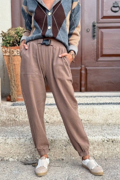 Güneşkızı Women's Bronze Color Belt Buckle Waist Elasticated Cuffs Pocket Cargo Pants 90 30