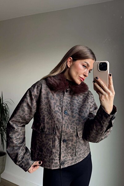 Sue Store Brown Black Leopard Collar Fur Detailed Lined Jacket