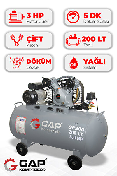 GAP KOMPRESÖR Hava Kompresörü Pistonlu 200 Lt 2 Kafa 8 Bar 3 Hp IGP200