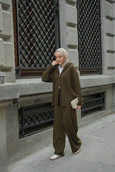 LOCCO Women's Self-Patterned Knitwear Set Khaki Green