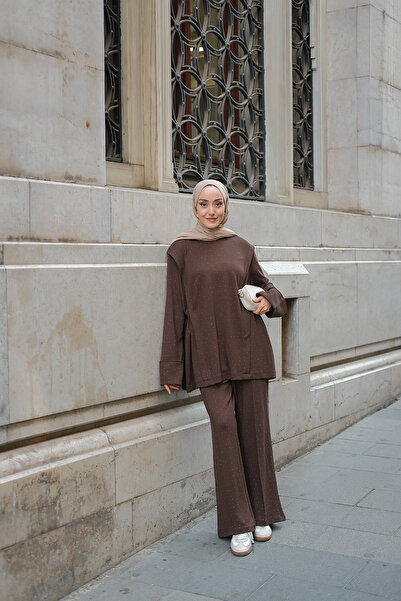 LOCCO Women's Stone Detail Elastic Waist Suit Brown