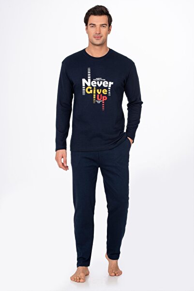 Kompedan Erkek Bisiklet Yaka Pamuklu Pijama Takımı | Lacivert 027