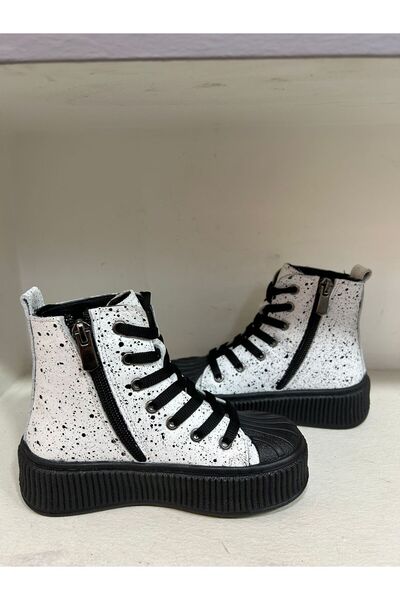 Bağcı Children Genuine Leather Boots White Black