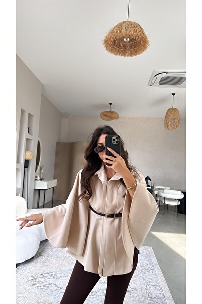 Buket Teke Beige Belted Cashmere Poncho