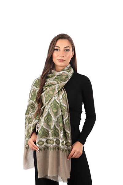 Bursa İpek Milk Coffee Green Stone Embroidered Wool Silk Shawl