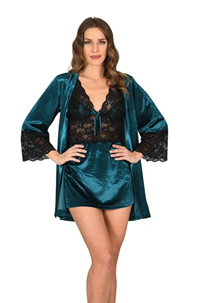 Sistina 1595735734 Petrol Green Velvet Robe & Nightgown Set 2-Piece - 1443 - ...