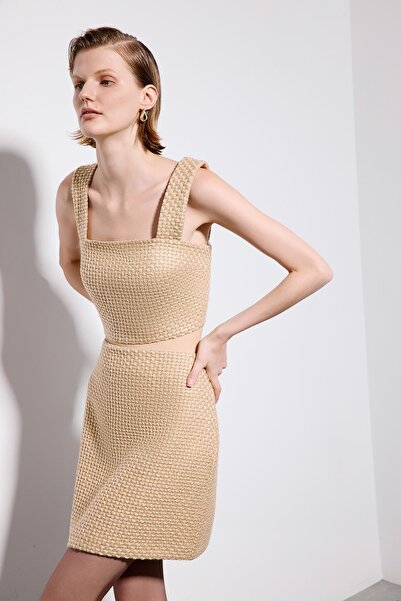 rue Square Neck Camel Tweed Crop Bustier