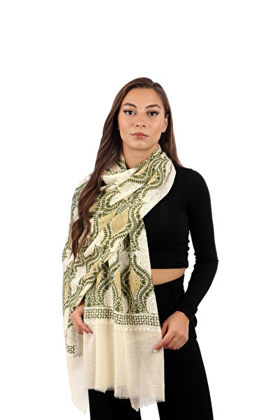 Bursa İpek Cream Green Stone Embroidered Wool Silk Shawl