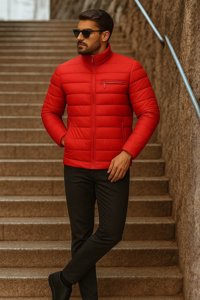 comstar Men's Winter Basic Mock Neck Zippered Red Puffer Jacket