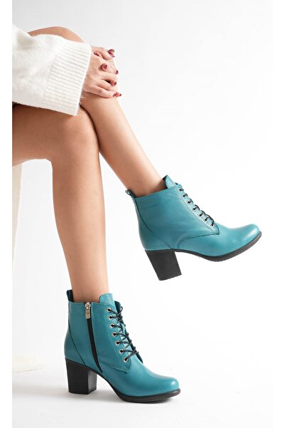 ANALİN SHOES Women's Genuine Leather Lace-Up Heeled Boots - Ocean Depths