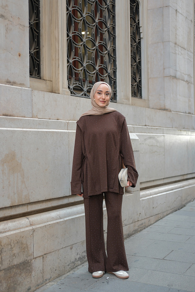 LOCCO Women's Stone Detail Elastic Waist Suit Brown