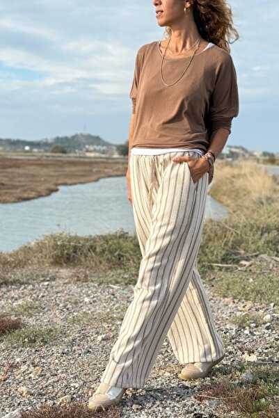 Güneşkızı Beige Striped Pocketed Soft Textured Wide Leg Casual Woven Trousers 35 100