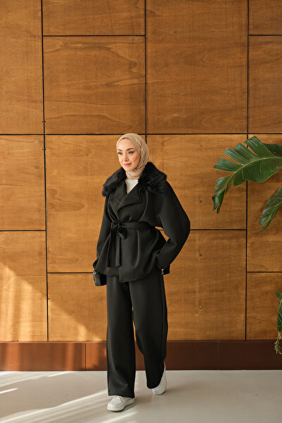 LOCCO Women's Fur Collar Sleeves Zipper Suit Black