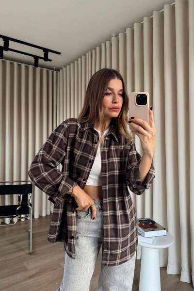Sue Store Brown Beige Plaid Oversized Shirt