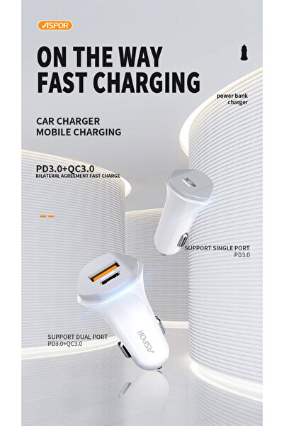 Aspor A907 Car Charger – 20W Fast Charging PD + QC3.0