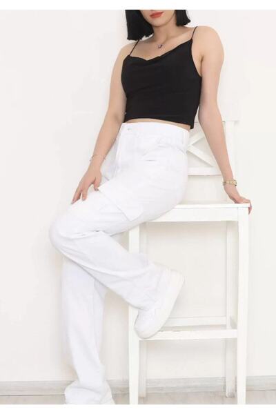 kleshus High Waist White Cargo Pocket Jeans No Lingerie
