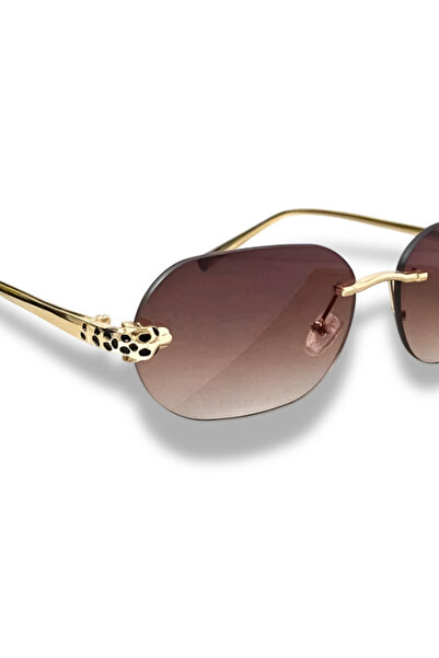 MECKSA Gold Tea-Brown Metal-Edged Frameless Rectangular Fashion Glasses - Cheetah Design