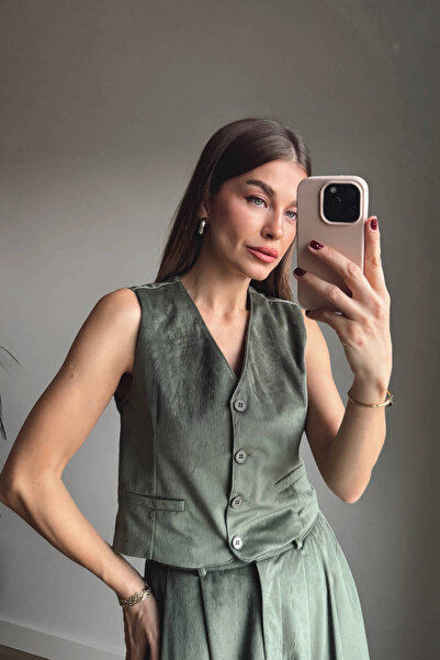 Sue Store Green Slim F Corded Fabric Vest Skirt Velvet Suit