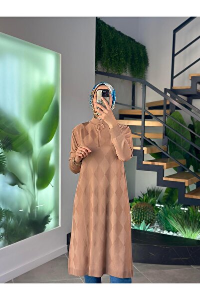 Armine Trend Baklava Desenli Merserize Tunik 25YTD4112 Latte