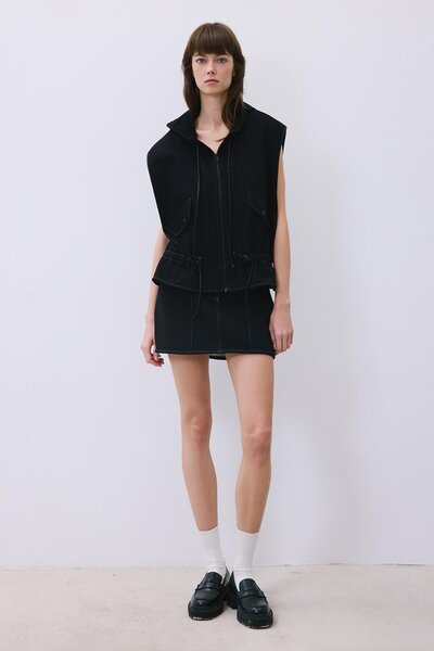 rue Hooded Black Knitwear Vest with Leather Detail