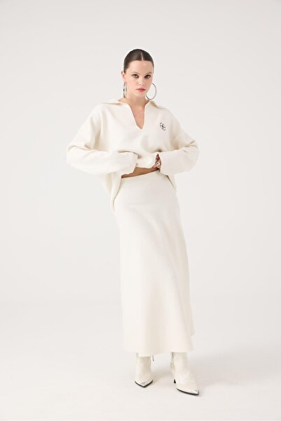 HOLLY LOLLY Elastic Waist Long Zoi Knit Skirt White