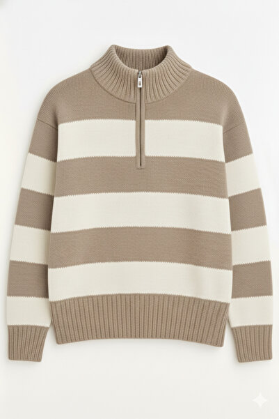 Wkm Denim Men's Zippered Mock Neck Striped Regular Fit Knitwear Sweater