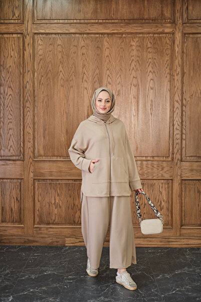 LOCCO Women's Zipper Detail Hooded Set Cream